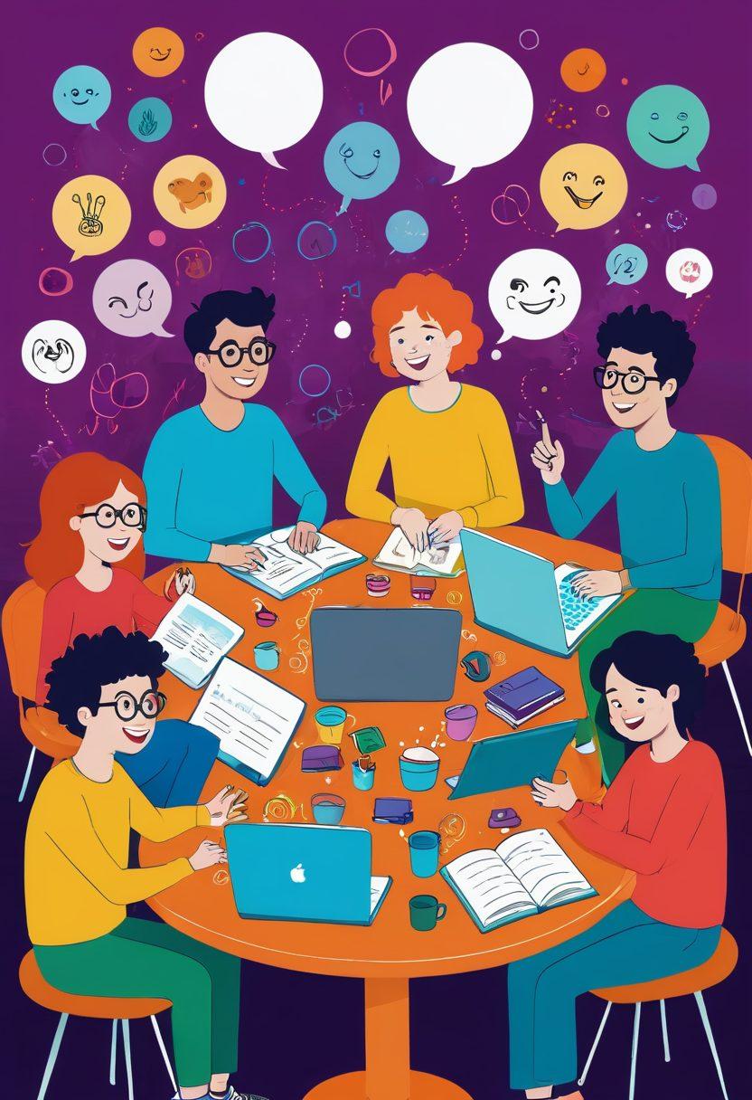 A whimsical and colorful cartoon scene of a diverse group of characters sitting around a round table, sharing funny stories, and laughing heartily. Include playful doodles of laughter bubbles and joke symbols floating around them. The background features a cozy online journal setting, with a few laptops open displaying witty blog posts. Bright and cheerful color palette. vector art. vibrant colors.
