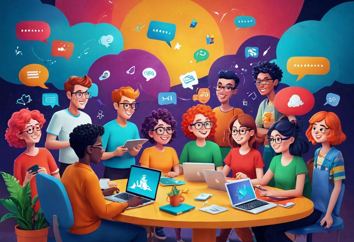 A whimsical digital landscape featuring a diverse group of creators joyfully collaborating on storytelling projects, with vibrant characters and colorful devices like tablets and laptops. In the background, playful illustrations of imaginative stories coming to life, such as characters popping out from the screens and vibrant speech bubbles floating above. The atmosphere is filled with creativity and laughter, showcasing the joy of digital storytelling. 3D. vibrant colors. cartoon style.
