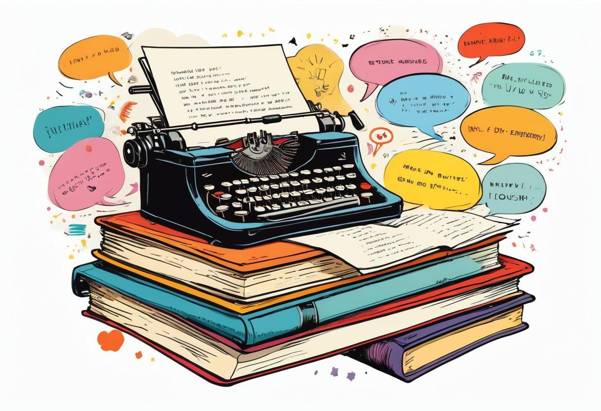 An open notebook with a quill pen resting on it, surrounded by colorful comic-style speech bubbles filled with humorous quotes. In the background, a whimsical typewriter and a towering stack of books on writing techniques hint at creativity and satire. The image evokes a sense of playful chaos in a writer's workspace. vibrant colors. cartoonish style. white background.